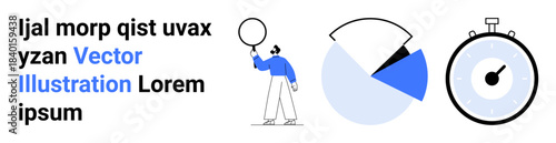 Person holding a magnifying glass, pie chart showing segments, stopwatch displaying time. Ideal for analysis, strategy, time management, productivity, planning, reporting simple landing page