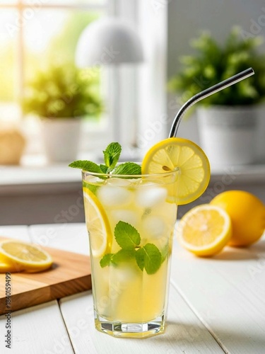 Fresh Lemonade with Mint and Ice on White Table