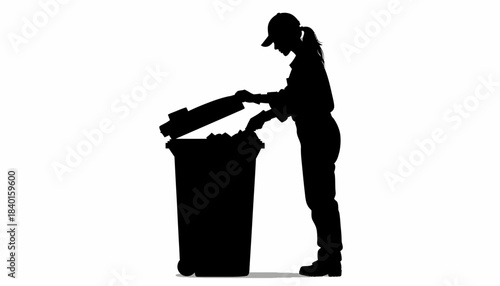 Vector silhouette of a person placing waste into a trash can, symbolizing responsible waste management, recycling initiatives, and environmental cleanliness
