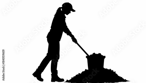 Silhouette vector graphic of a diligent person shoveling a pile of garden soil or compost, illustrating hard work and outdoor activity