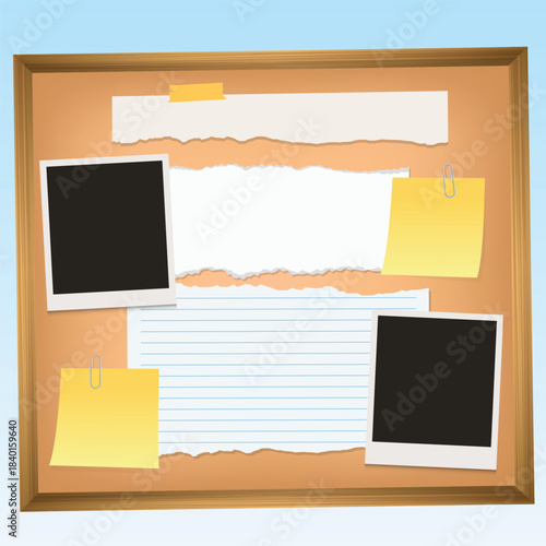 Bulletin board template with empty photo frame, blank paper and sticky notes Vector illustration	