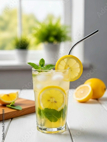 Fresh Lemonade with Mint and Ice on White Table