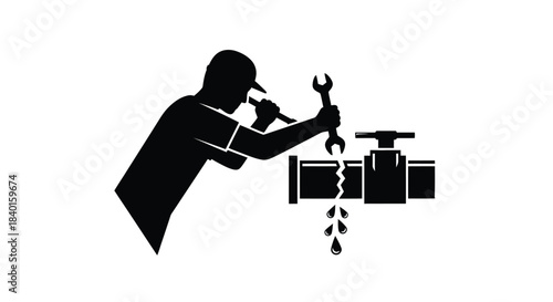 Silhouette of a person repairing a water pipe with a wrench