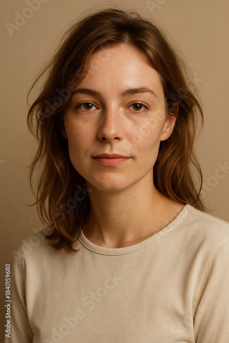 Natural close-up portrait of young woman with minimal makeup and soft light, calm expression, skincare and beauty authenticity concept. generative AI