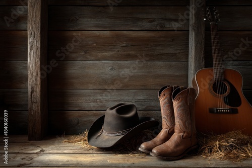 Cowboy boots hat and guitar on a wooden background