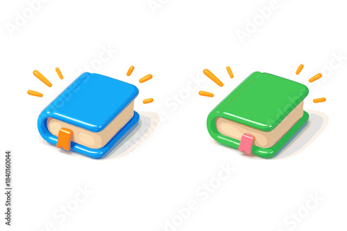 Colorful cartoon style blue and green books with bookmarks and decorative elements
