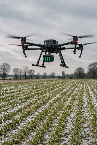 Professional drone hovering above snowy farm field with rows of crops, precision agriculture and aerial survey concept under cloudy sky, generative AI