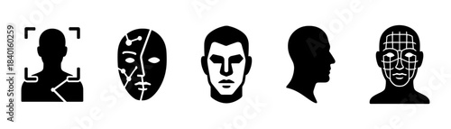 Biometric portraits silhouette icons set, face scan, profile and mask grid