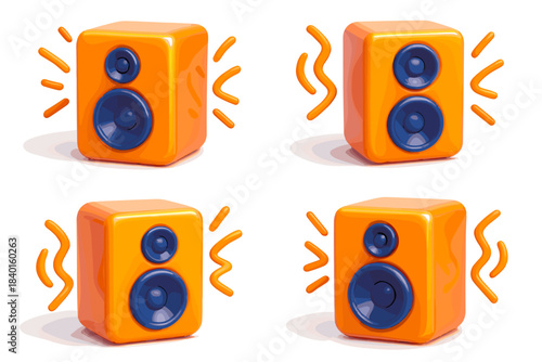 Colorful cartoon orange speakers with blue accents and sound waves
