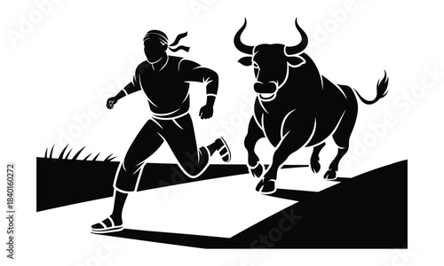 Runner Evading Bull in Dynamic Chase Scene 