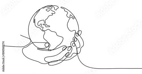 Continuous line drawing of hands gently holding the planet earth, symbolizing global care, environmental protection, and international cooperation and unity.