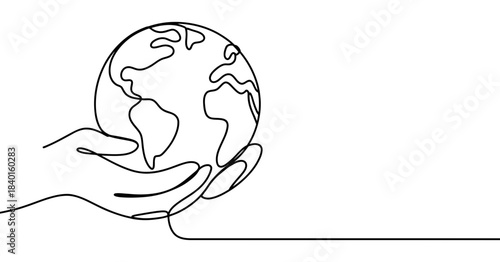 A continuous line drawing of a pair of hands cradling the planet earth, symbolizing global care, environmental protection, and interconnectedness in a simple artistic style.