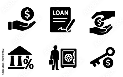 Finance and loans silhouette icons set, money hand, loan document and bank vault