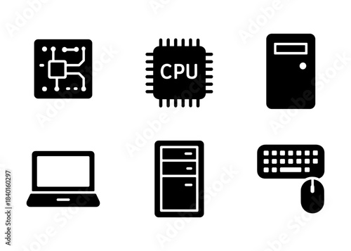 Computer hardware silhouette icons set, processor, desktop and peripherals