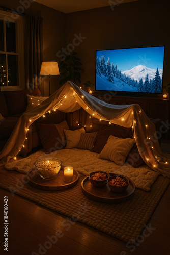 Cozy blanket fort with string lights, snacks and candles while TV shows winter landscape, warm hygge home movie night vibe, generative AI