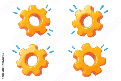 Four bright yellow gears with blue accents on white background