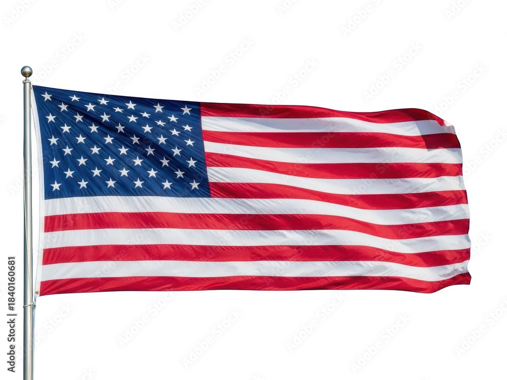 Fototapeta premium American flag waving in the wind on a clear day with vibrant red and white stripes and blue field isolated on transparent background