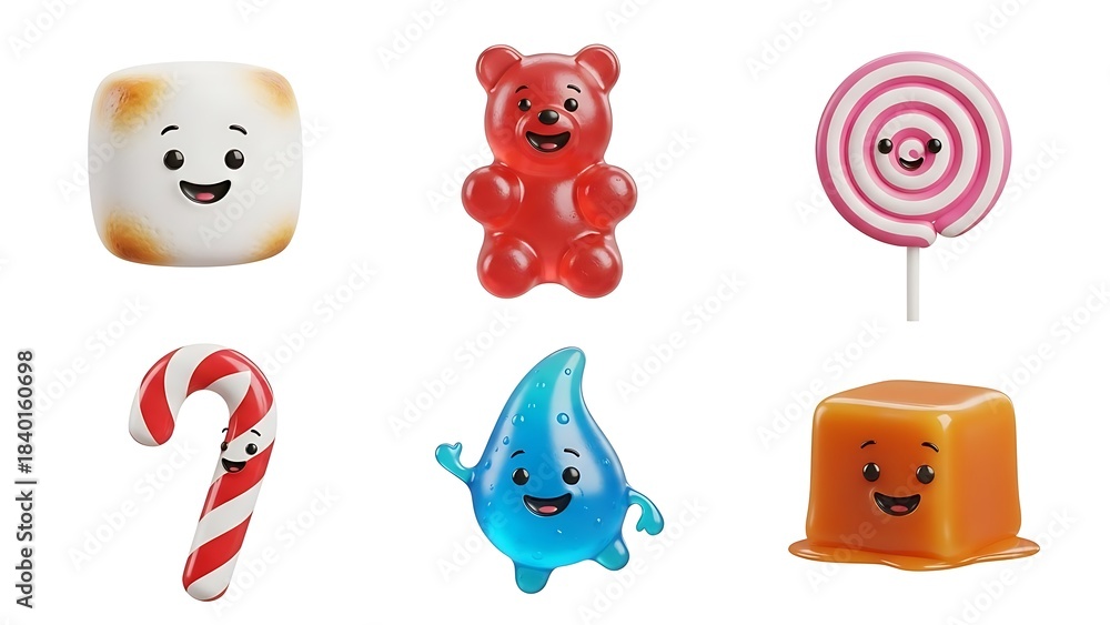 Fototapeta premium Cartoon candy characters on white whimsical sweets concept