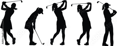 Golf swing silhouette set, female golfer poses, black vector art, athletic motion, club swing stages, isolated sports design
