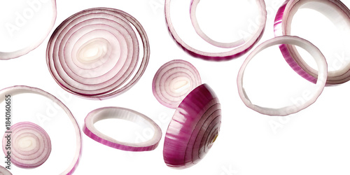 Red onion slices and rings floating isolated on a transparent background onion rings