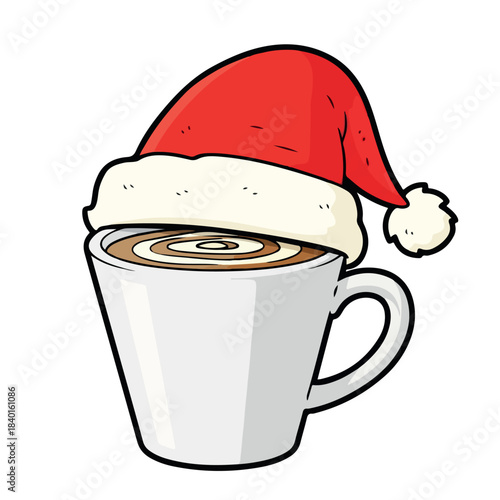 Coffee cup wearing Santa hat, cartoon vector illustration