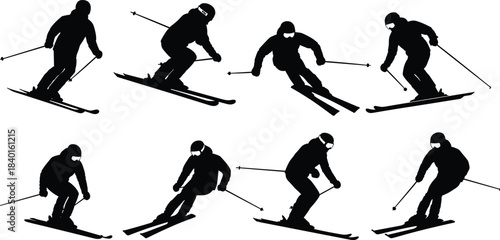 Skier silhouette set, dynamic skiing poses, black vector art, winter sport icon, motion study, alpine athlete, isolated design