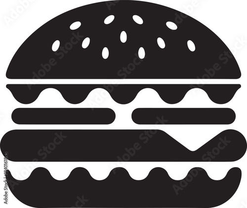 Black silhouette of a layered hamburger with sesame seeds on bun sandwich fast food