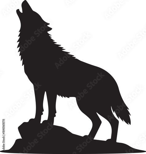 Black silhouette of a wolf howling on a rock against a white background vector
