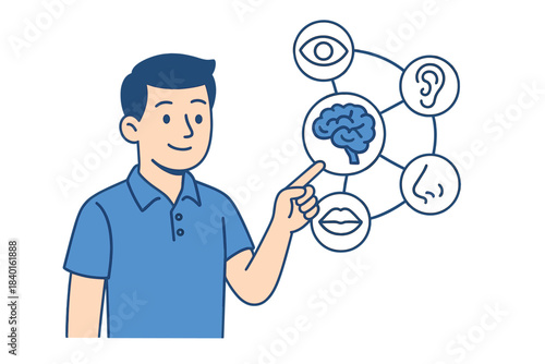 Young man pointing at a conceptual diagram illustrating the five senses linked to the human brain and central nervous system