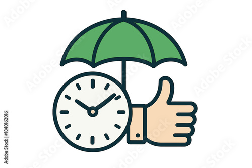 Timely service guarantee and protection featuring a clock, thumbs up, and umbrella