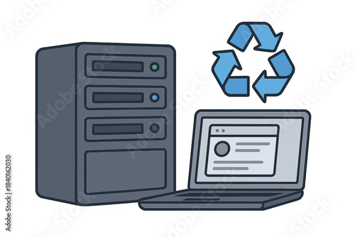 Recycling symbol over obsolete computer equipment like a desktop tower and portable notebook