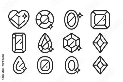 Set of twelve outline icons featuring various precious stones, diamonds, and jewelry shapes