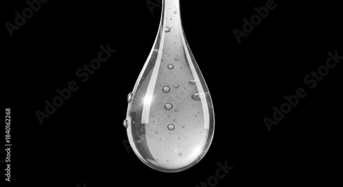 Clear liquid drop with bubbles against black background transparent water