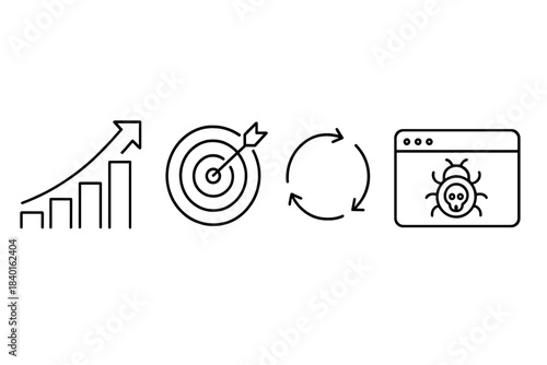 Conceptual symbols for progress, success, workflow loop, and software quality assurance or vulnerability detection