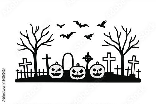 Spooky Halloween graveyard scene with jack-o'-lanterns, bare trees, and flying bats silhouette