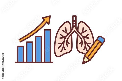 Respiratory health analysis showing lungs, rising statistical chart, and writing pencil