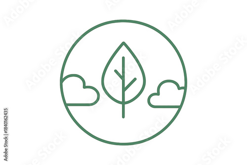 Minimalist line art symbol of a green leaf and clouds in a circular frame representing nature and ecology