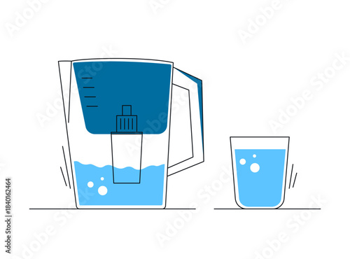 Jug with water filter next to a full glass of clean, fresh water. Concept of healthy drinking, cleansing and hydration. Stylized vector illustration