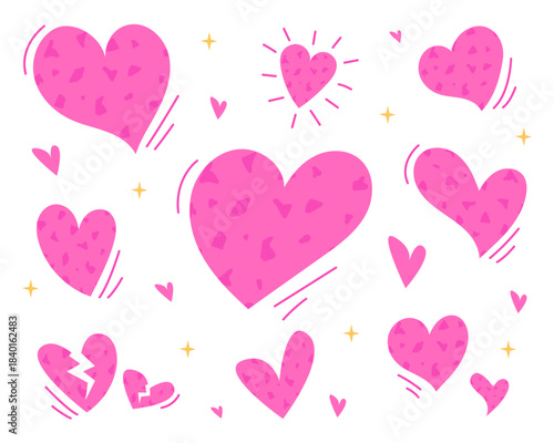 Set of cute pink textured heart doodles with stars and lines. Perfect vector elements for Valentine's Day, love concepts, wedding invitations, and romantic designs
