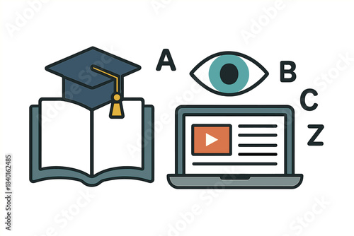 Graduation cap on open book next to laptop displaying video content and watchful eye