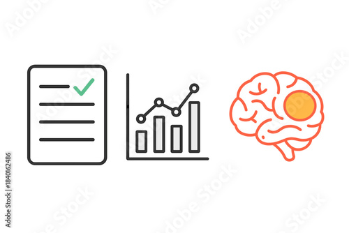 Data analysis planning and cognitive function icons with checklist chart and human brain symbol