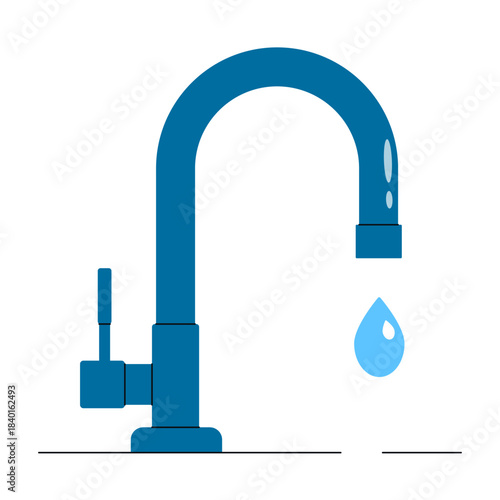 Kitchen water tap. A simple, stylized vector illustration of a kitchen or bathroom faucet with one drop of water. The concept of plumbing, water saving and household appliances