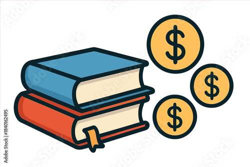 Financial education investment symbolized by stacked textbooks and floating gold dollar coins