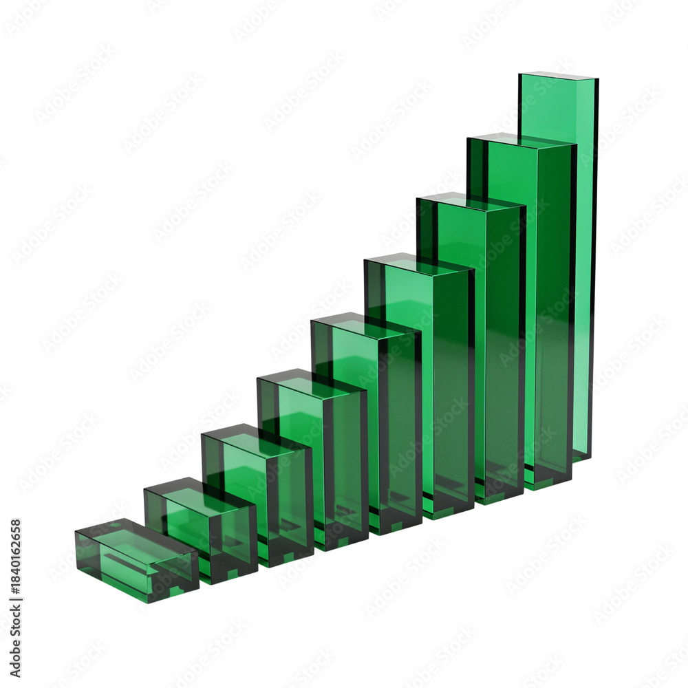 Fototapeta premium Rising green crystal bars representing growth finance and success in a chart formation isolated on transparent background