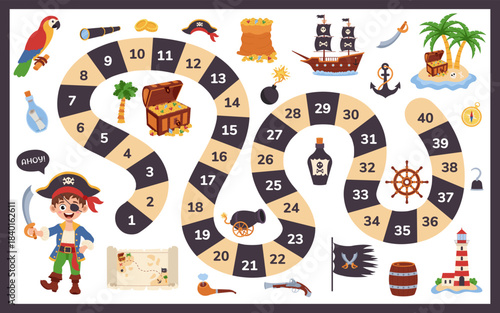 Step by step board game. Maze puzzle of fantasy board games for kids. Pirates concept. Template of strategy boardgame for children.