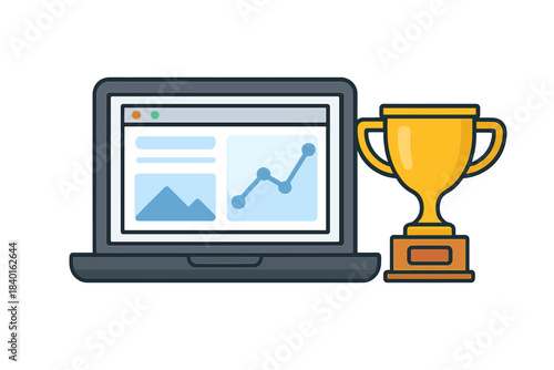 Digital success concept with a laptop showing a rising graph and a shiny gold award cup