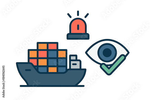 Cargo ship security monitoring system with alert siren and verified surveillance eye icon