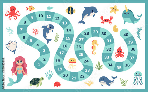 Step by step board game. Maze puzzle of fantasy board games for kids. Sea animals and mermaid concept. Template of strategy boardgame for children.