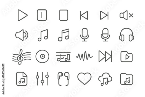 Outline icons for audio player interface controls and music application symbols