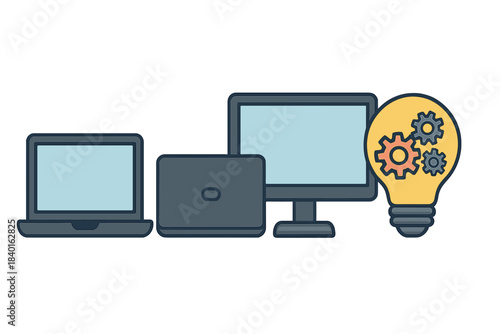 Digital technology devices combined with a lightbulb and gears symbolizing innovative idea development